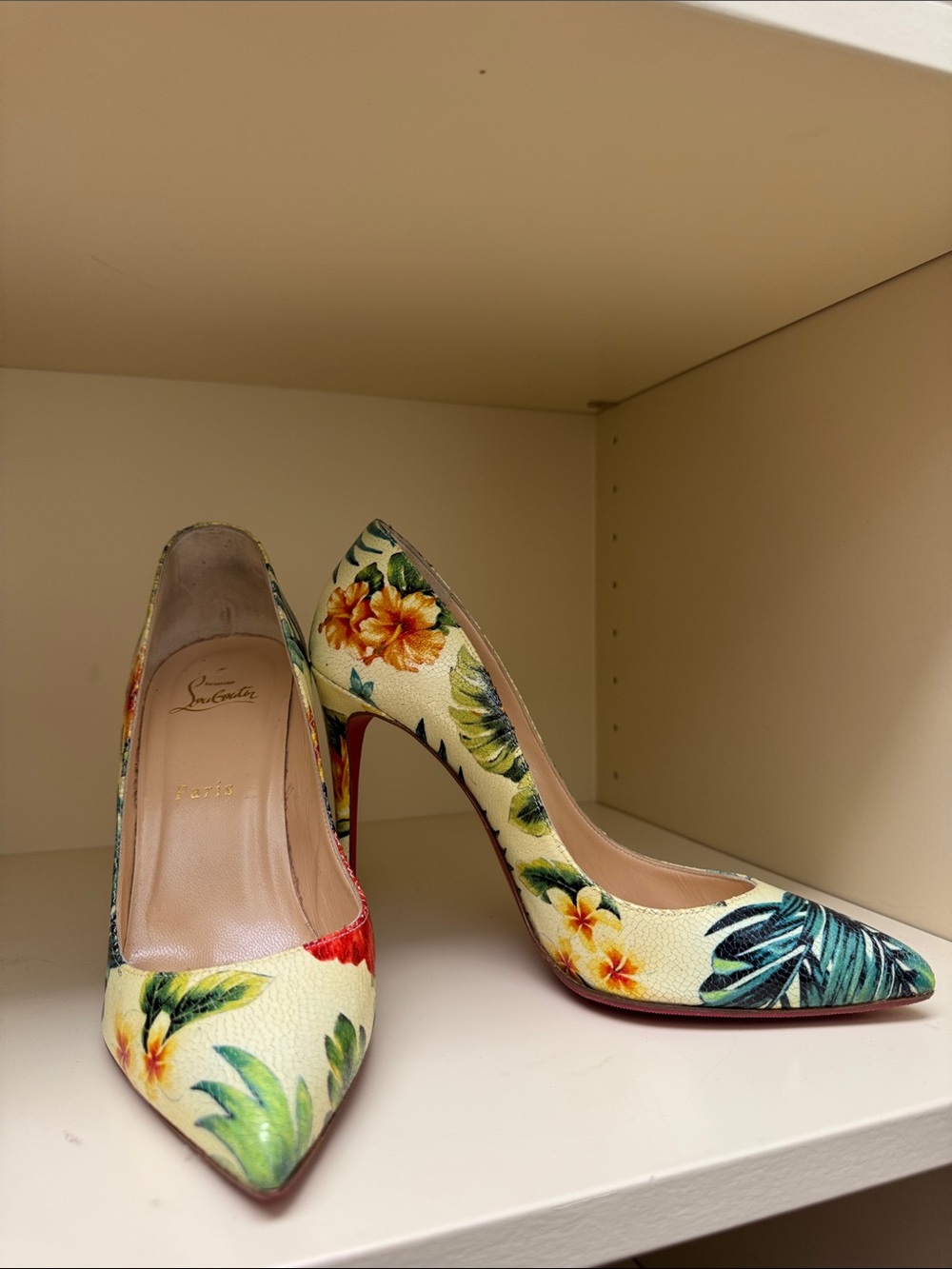 Christian Louboutin Tropical Floral Pointed Toe Pumps in Cream and Green